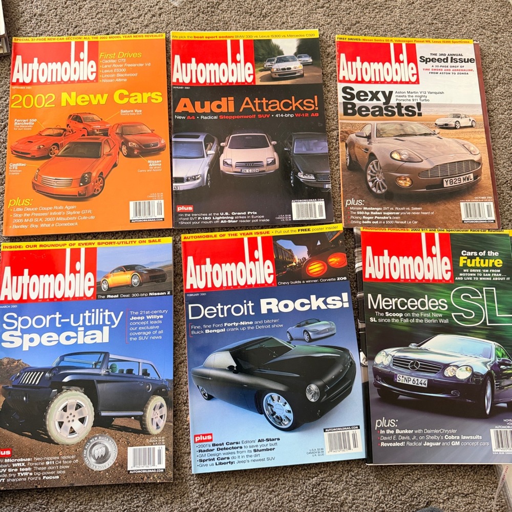 Lot of 6 Automobile Magazine 2001 Issues Corvette Z06 Mercedes SL Audi A4 Porshe